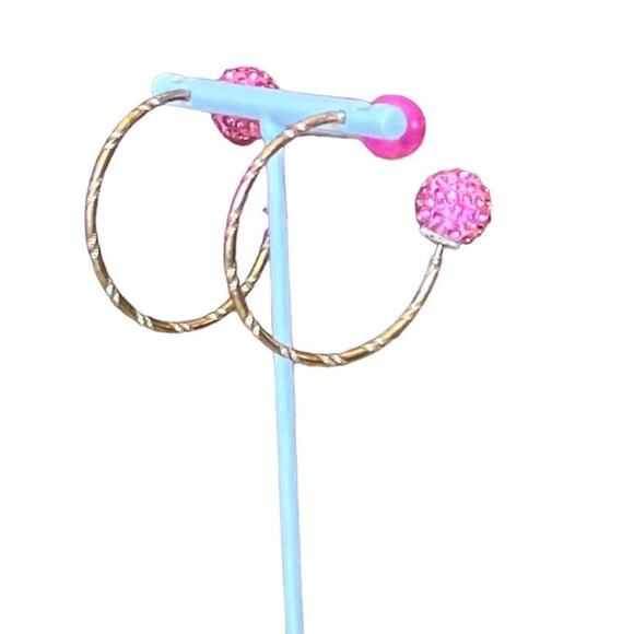 Vintage Earrings Open Hoop with Pink Glitter Ball - Picture 1 of 7